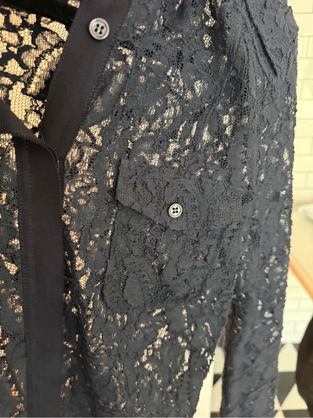 Luxury Designer Sheer Black Lace Button-Front Blouse (QUIET LUXURY) - Picture 5 of 5